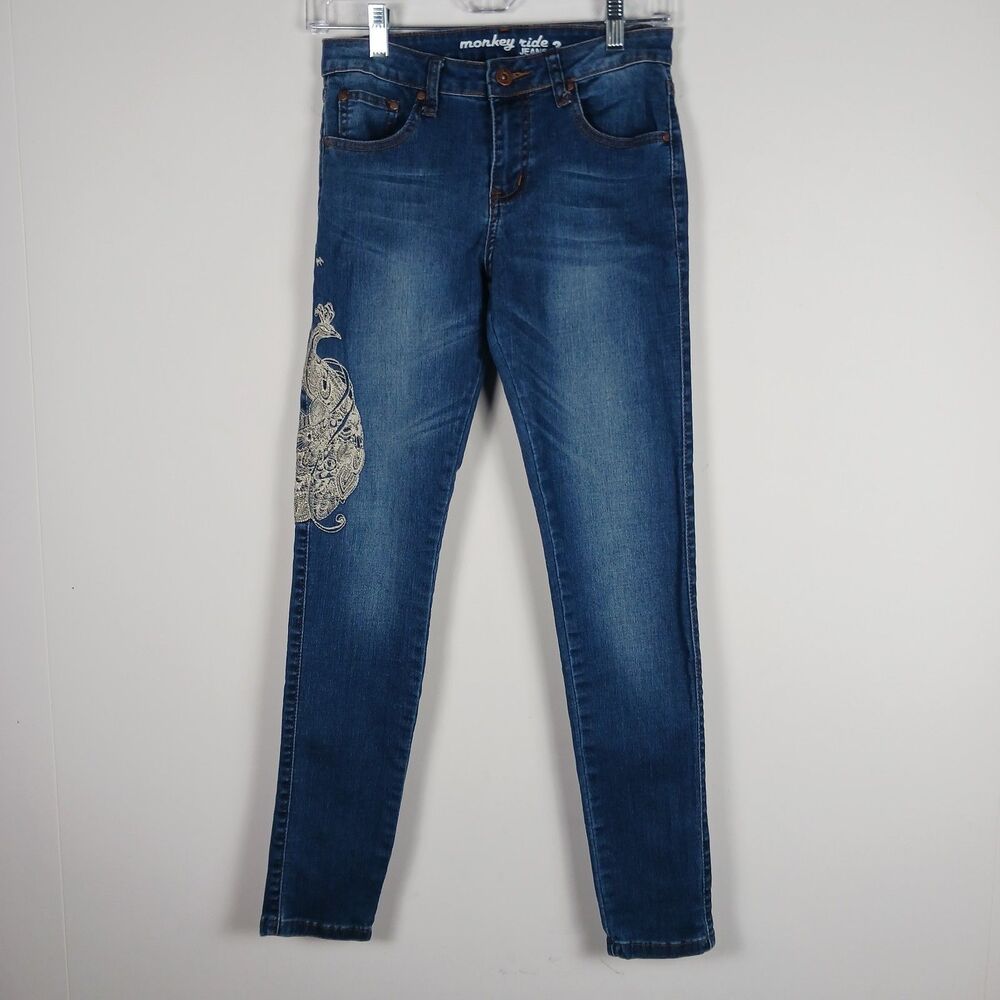 Monkey Ride Jeans Size 3 Embroidered Peacock Skinny